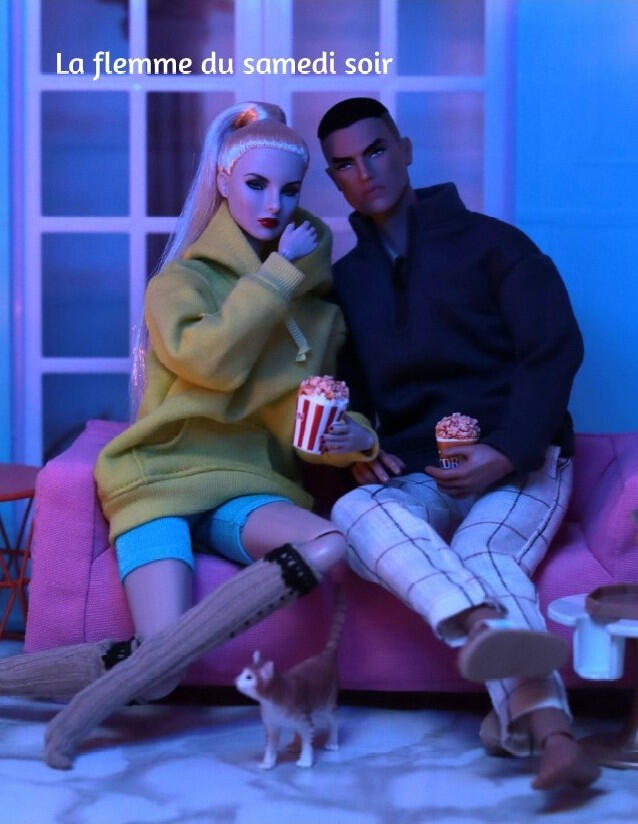 page from the photo book Little Moments depicting a quiet Saturday evening scene with dolls resting in a relaxed, unhurried mood