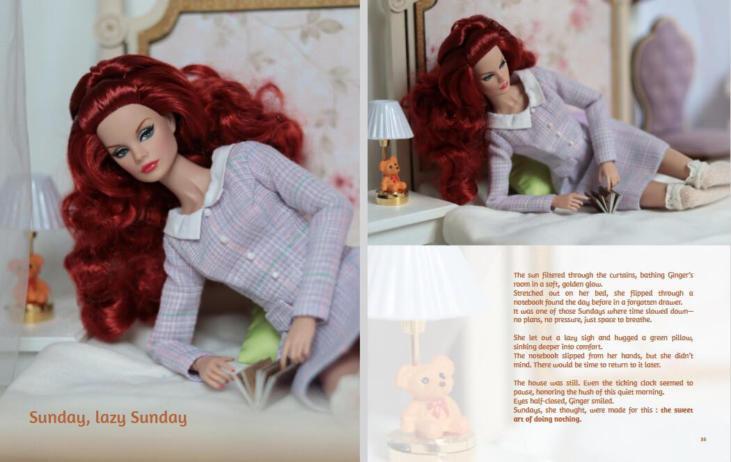 Double-page spread from the photo book Little Moments depicting a slow, cozy Sunday moment with a Ginger Gilroy doll in a relaxed and peaceful setting